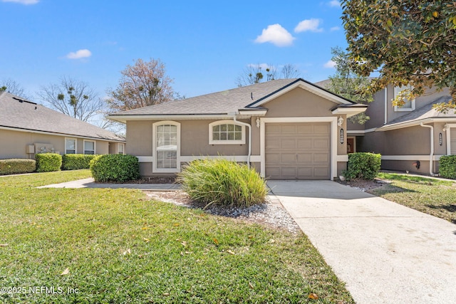 ranch-style home with a garage, concrete driveway, a front lawn, and stucco siding