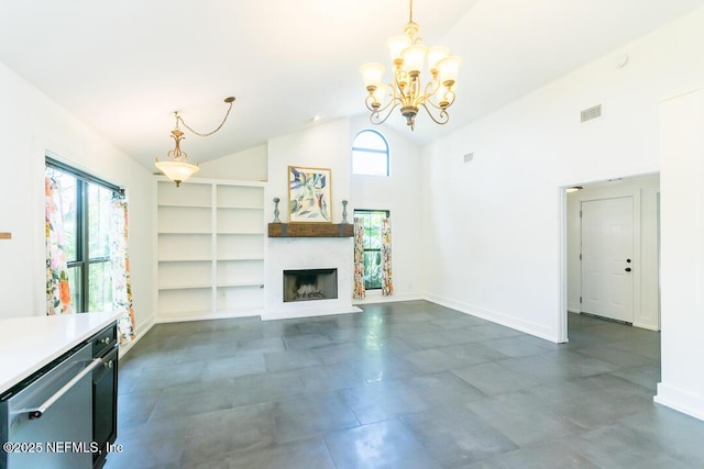 unfurnished living room featuring high vaulted ceiling, a healthy amount of sunlight, a fireplace, and visible vents