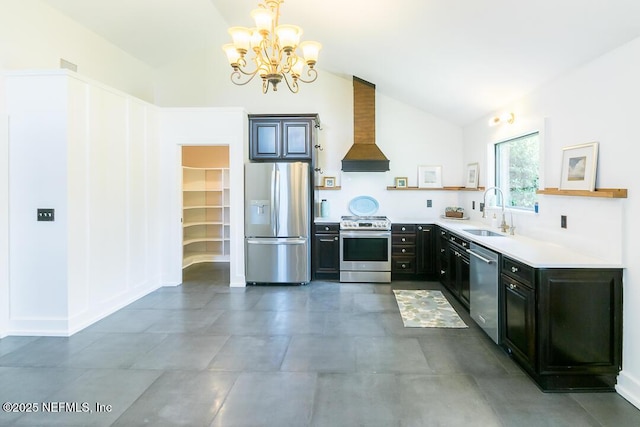 kitchen featuring lofted ceiling, a sink, wall chimney range hood, appliances with stainless steel finishes, and open shelves