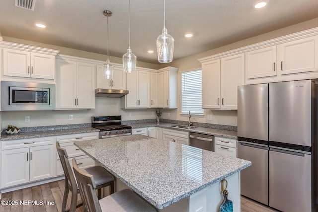 kitchen featuring appliances with stainless steel finishes, white cabinetry, a sink, and under cabinet range hood