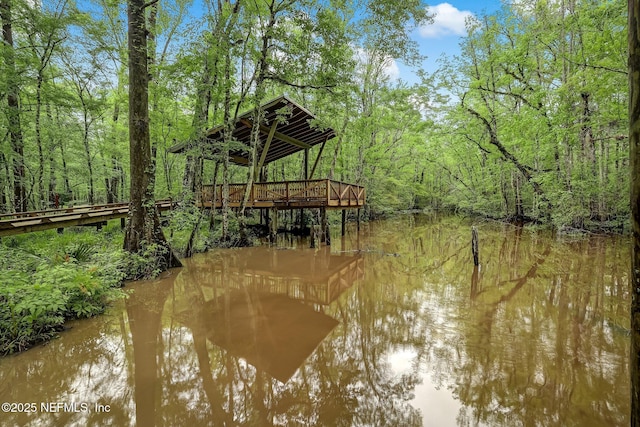 view of dock with a view of trees