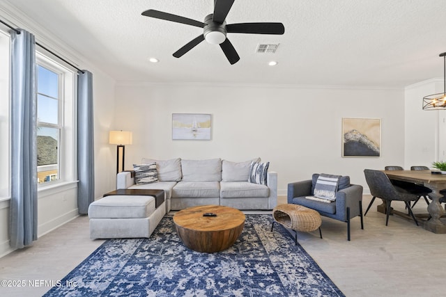 2072 Gail Ave, Jacksonville Beach, FL 32250 - living room featuring visible vents, light wood-style flooring, a textured ceiling, and ornamental molding