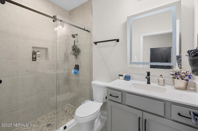 bathroom featuring vanity, a shower stall, and toilet