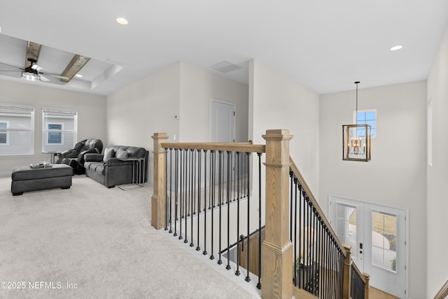 367 Five Island Dr, Saint Augustine, FL 32080 - hall with an upstairs landing, carpet flooring, a chandelier, and recessed lighting