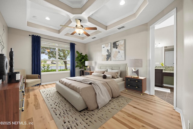 244 Palazzo Cir, Saint Augustine, FL 32092 - bedroom with light wood-style floors, coffered ceiling, ensuite bath, beam ceiling, and baseboards