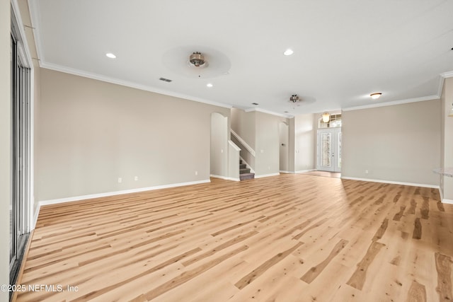 244 Palazzo Cir, Saint Augustine, FL 32092 - empty room featuring light wood-style floors, recessed lighting, stairway, baseboards, and ornamental molding