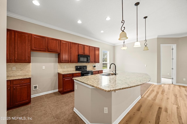 244 Palazzo Cir, Saint Augustine, FL 32092 - kitchen featuring black appliances, a sink, decorative backsplash, crown molding, and recessed lighting