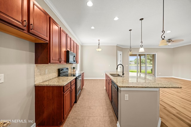 244 Palazzo Cir, Saint Augustine, FL 32092 - kitchen with black appliances, a sink, baseboards, ornamental molding, and decorative backsplash