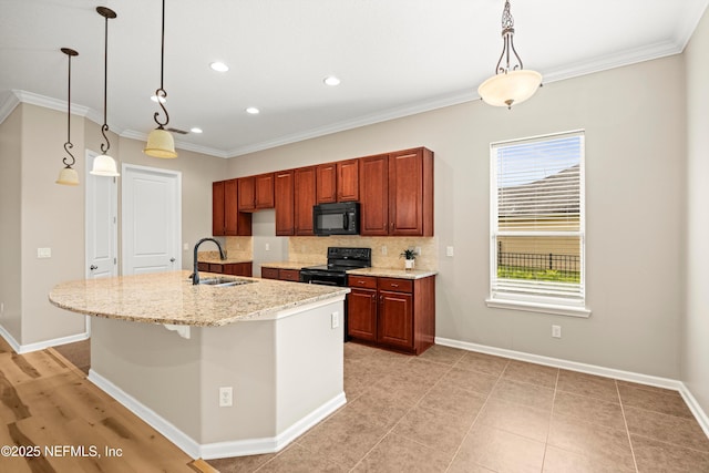 244 Palazzo Cir, Saint Augustine, FL 32092 - kitchen with black appliances, a sink, decorative backsplash, crown molding, and baseboards