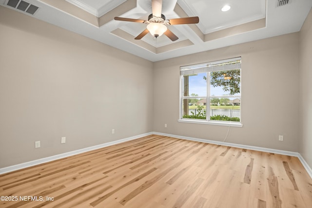244 Palazzo Cir, Saint Augustine, FL 32092 - spare room with coffered ceiling, baseboards, a ceiling fan, light wood-type flooring, and beamed ceiling