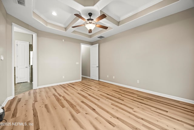 244 Palazzo Cir, Saint Augustine, FL 32092 - unfurnished bedroom with coffered ceiling, baseboards, ornamental molding, light wood-type flooring, and beamed ceiling