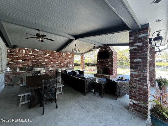 view of patio featuring ceiling fan, an outdoor living space with a fireplace, outdoor dining space, area for grilling, and a grill