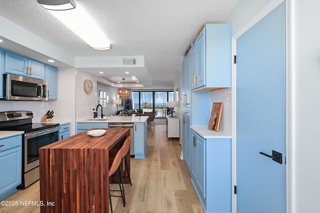 kitchen featuring wood counters, a peninsula, blue cabinetry, and stainless steel appliances