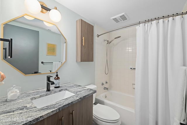 full bath featuring vanity, shower / tub combo, toilet, and visible vents