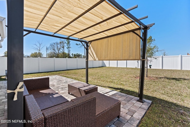 view of patio featuring a fenced backyard, a pergola, and an outdoor hangout area