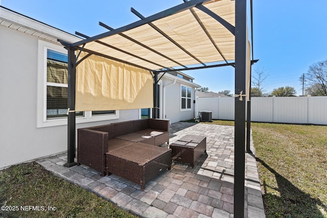 view of patio / terrace featuring an outdoor living space, central AC unit, fence, and a pergola