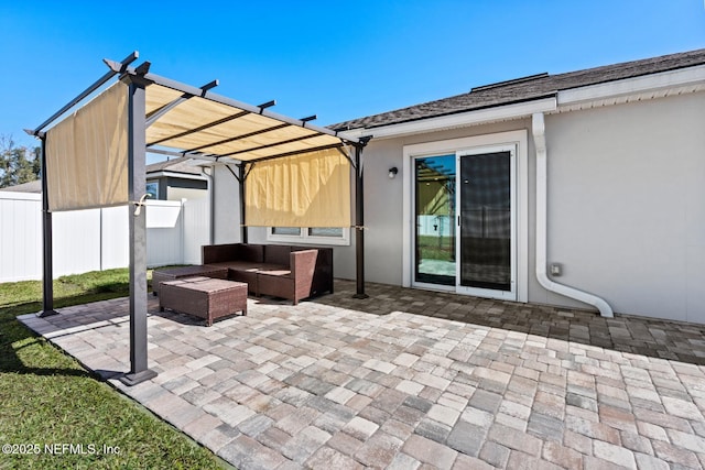 view of patio with a pergola, outdoor lounge area, and fence