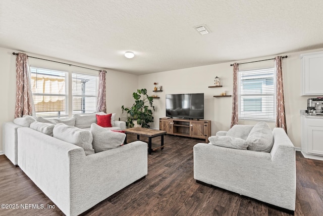 living area with dark wood-style floors, visible vents, and a textured ceiling