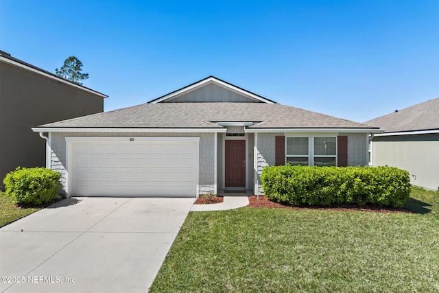 ranch-style house featuring a front yard, an attached garage, driveway, and a shingled roof