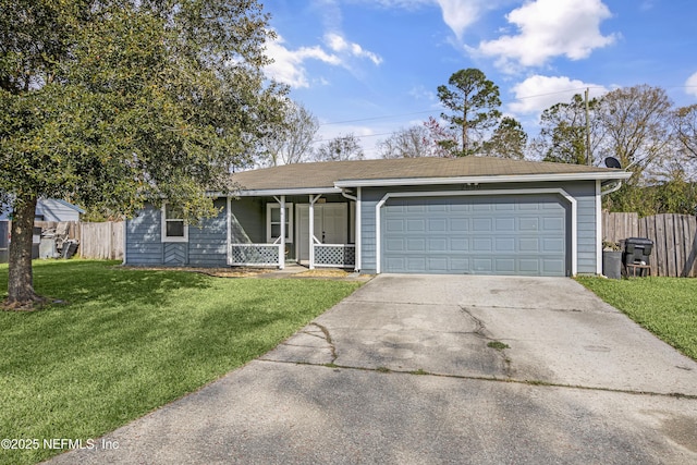 ranch-style home with a front lawn, fence, a porch, a garage, and driveway