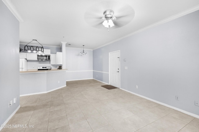 unfurnished living room with baseboards, ornamental molding, and ceiling fan with notable chandelier