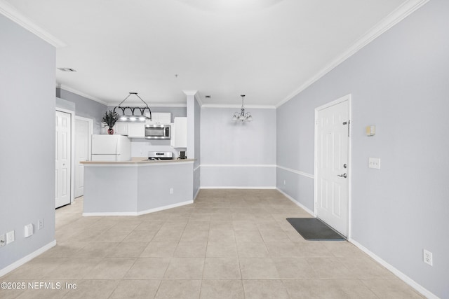 unfurnished living room with light tile patterned floors, baseboards, a notable chandelier, and ornamental molding