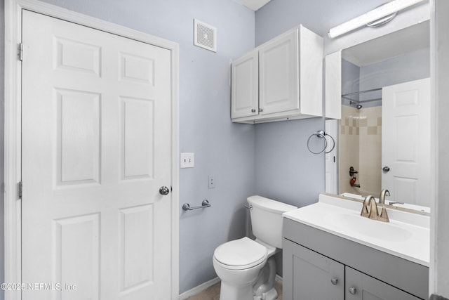 bathroom featuring visible vents, baseboards, walk in shower, toilet, and vanity