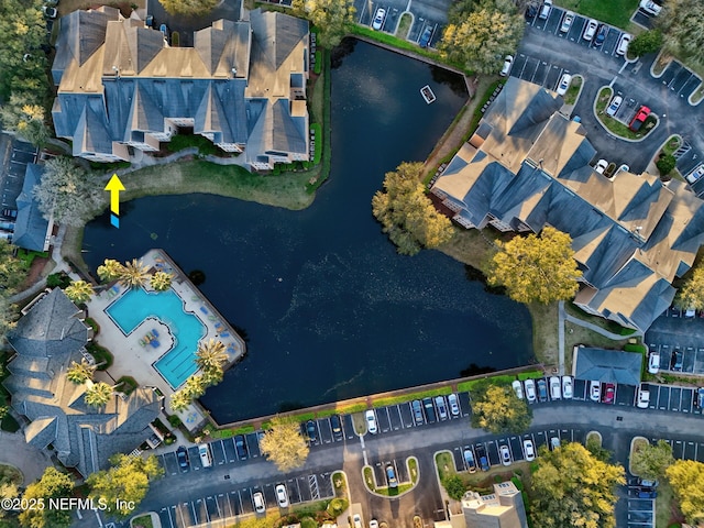aerial view featuring a water view