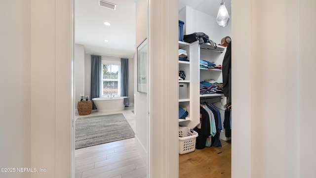 spacious closet featuring visible vents and light wood-style floors