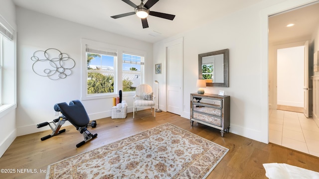 sitting room featuring a ceiling fan, recessed lighting, wood finished floors, and baseboards