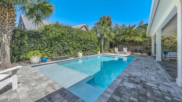 view of pool featuring a patio area, a fenced in pool, and a fenced backyard