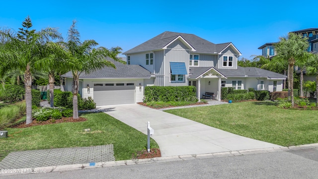 traditional-style house featuring a garage, concrete driveway, and a front lawn