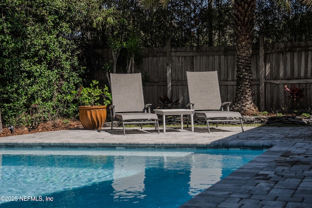 view of pool featuring a fenced in pool, a patio, and fence