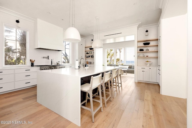 kitchen featuring light wood-type flooring, white cabinets, crown molding, and open shelves