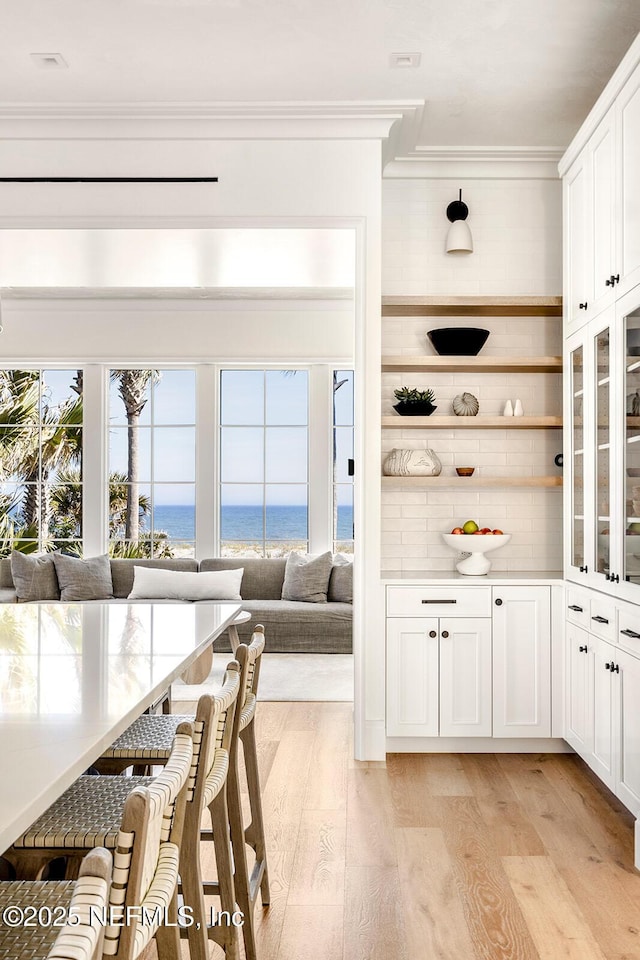 bar featuring ornamental molding, a water view, light wood-style flooring, and tasteful backsplash