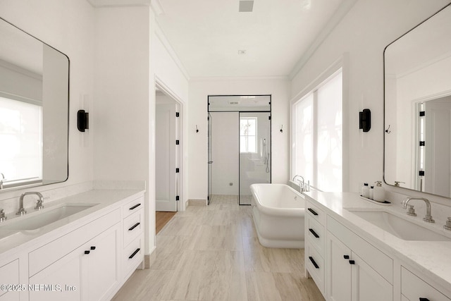 bathroom featuring crown molding, a freestanding bath, a sink, and a shower stall