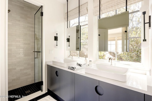 bathroom with plenty of natural light, a stall shower, and a sink