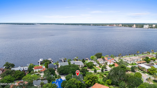 aerial view with a residential view and a water view