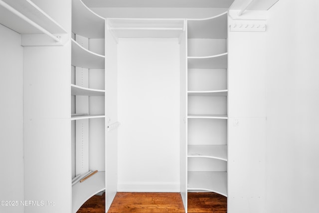 walk in closet with wood finished floors