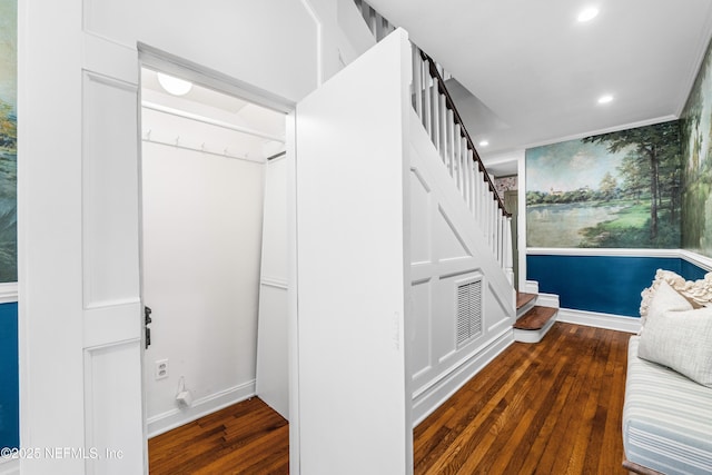interior space featuring recessed lighting, baseboards, and hardwood / wood-style flooring