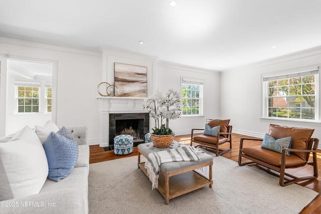 living room featuring wood finished floors, a fireplace with flush hearth, and crown molding