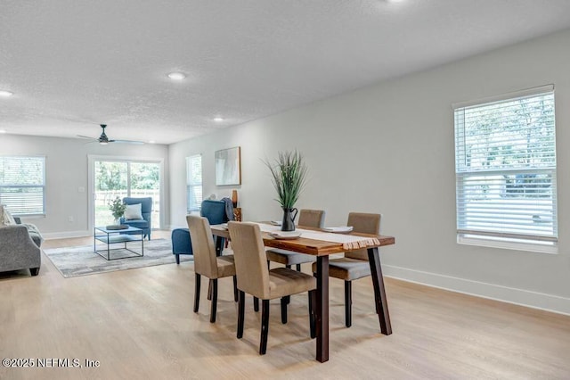 dining room featuring light wood-type flooring, a textured ceiling, and baseboards