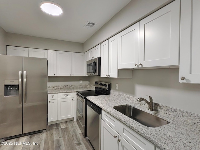 kitchen featuring stainless steel appliances, white cabinets, visible vents, and a sink