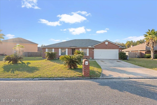 view of front facade featuring a garage, brick siding, fence, driveway, and a front yard