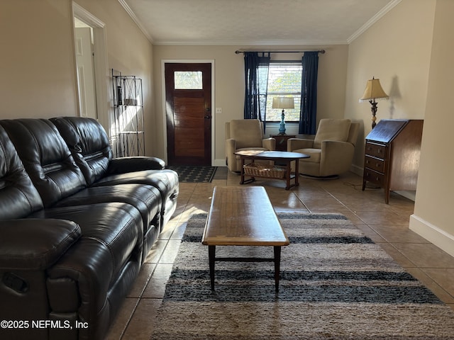 living area featuring tile patterned floors, crown molding, and baseboards