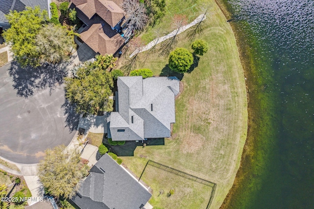 aerial view featuring a water view