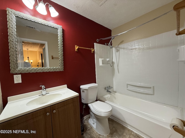 full bathroom featuring a textured ceiling, shower / bathtub combination, toilet, vanity, and visible vents