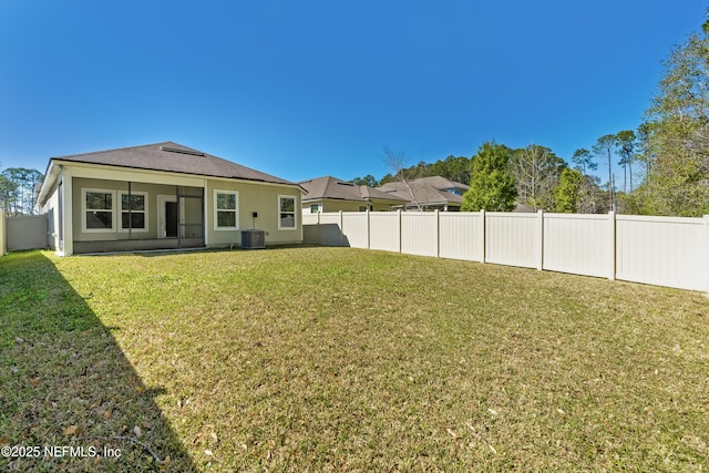 exterior space featuring central air condition unit and a fenced backyard