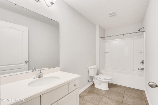 bathroom with baseboards, toilet, shower / tub combination, tile patterned floors, and vanity