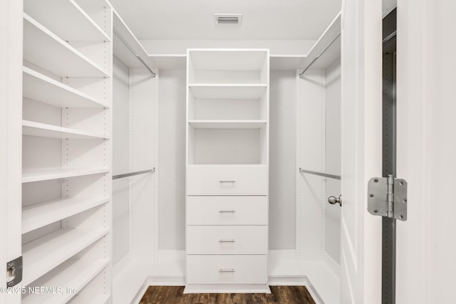 spacious closet with visible vents and dark wood-type flooring